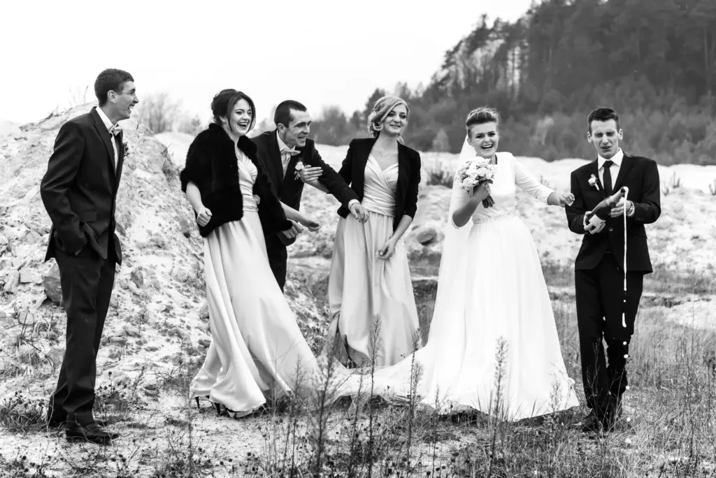 Fun Black & White Outdoor Portrait of the Wedding Squad