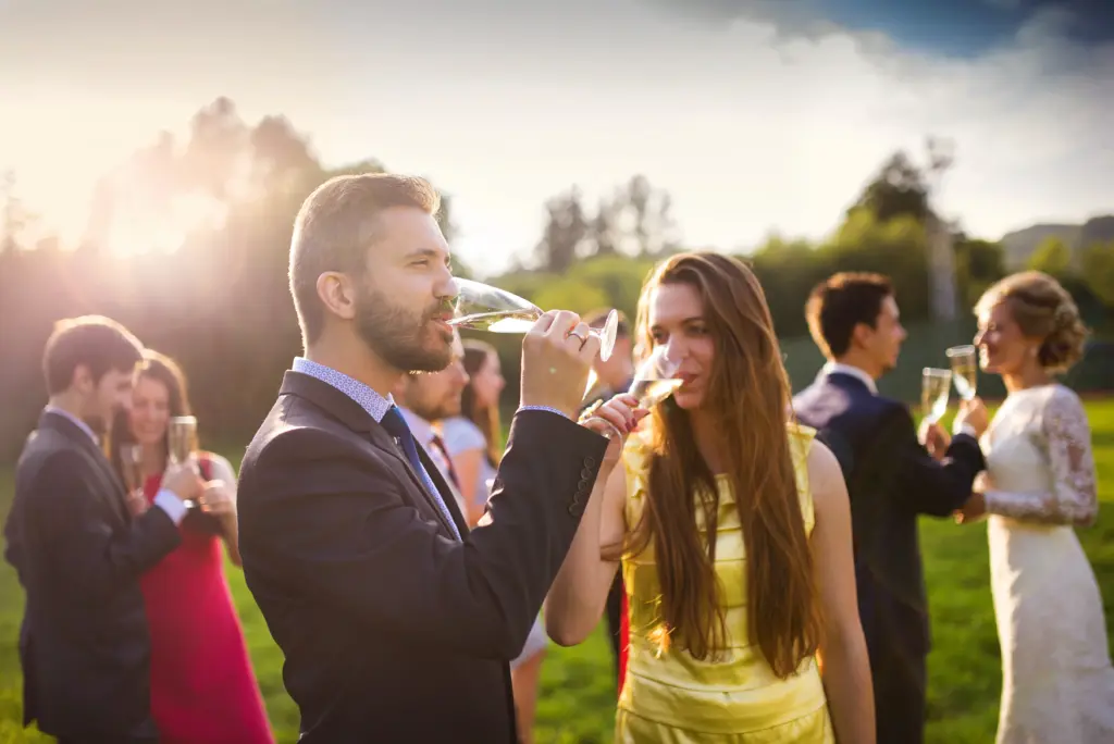 Wedding Guests Toasting While Newlyweds Cheers